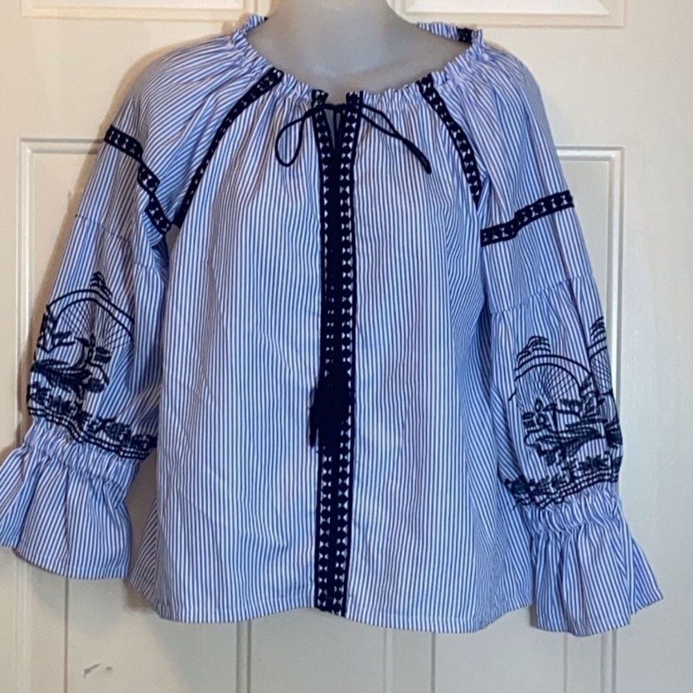 MANGO USA Blue and Black Relaxed Striped Embroidery Women's Blouses Size S